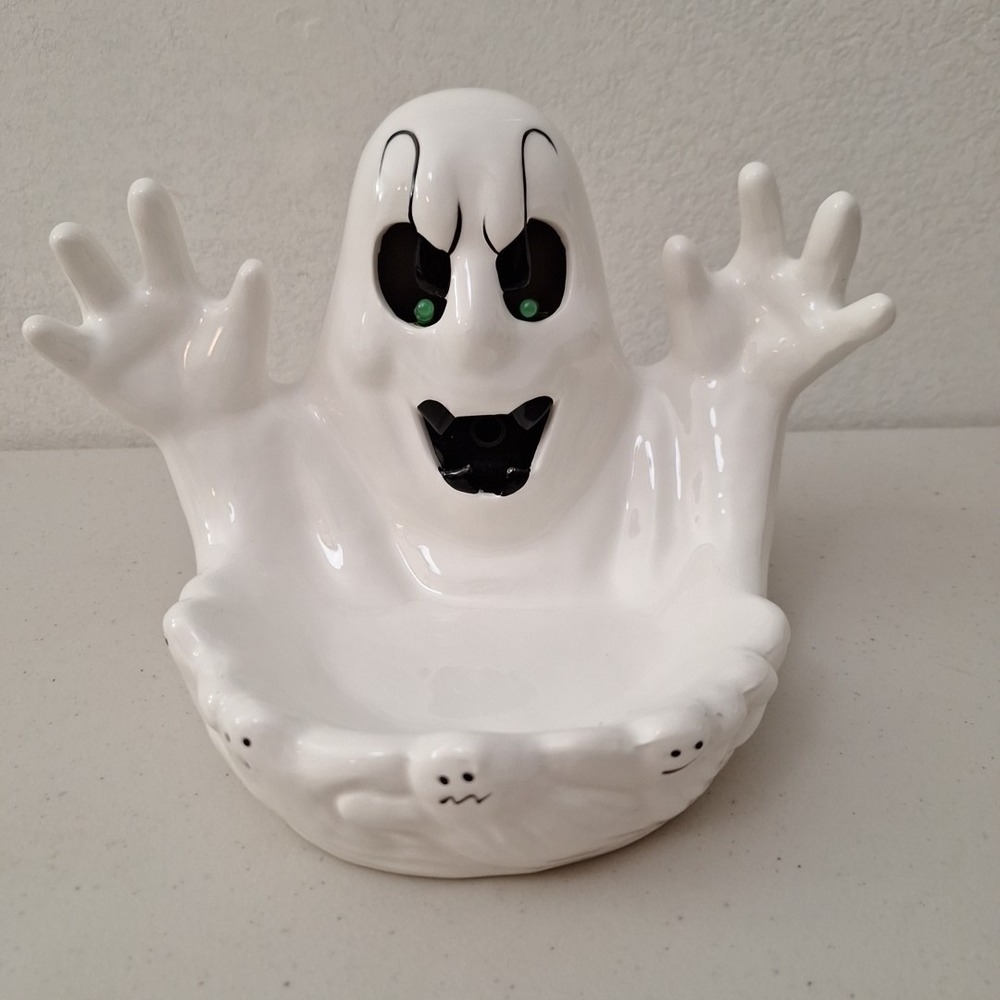 Vtg It's Alive Ceramic Ghost Sensor Light Up Eyes Halloween Screaming Candy Dish